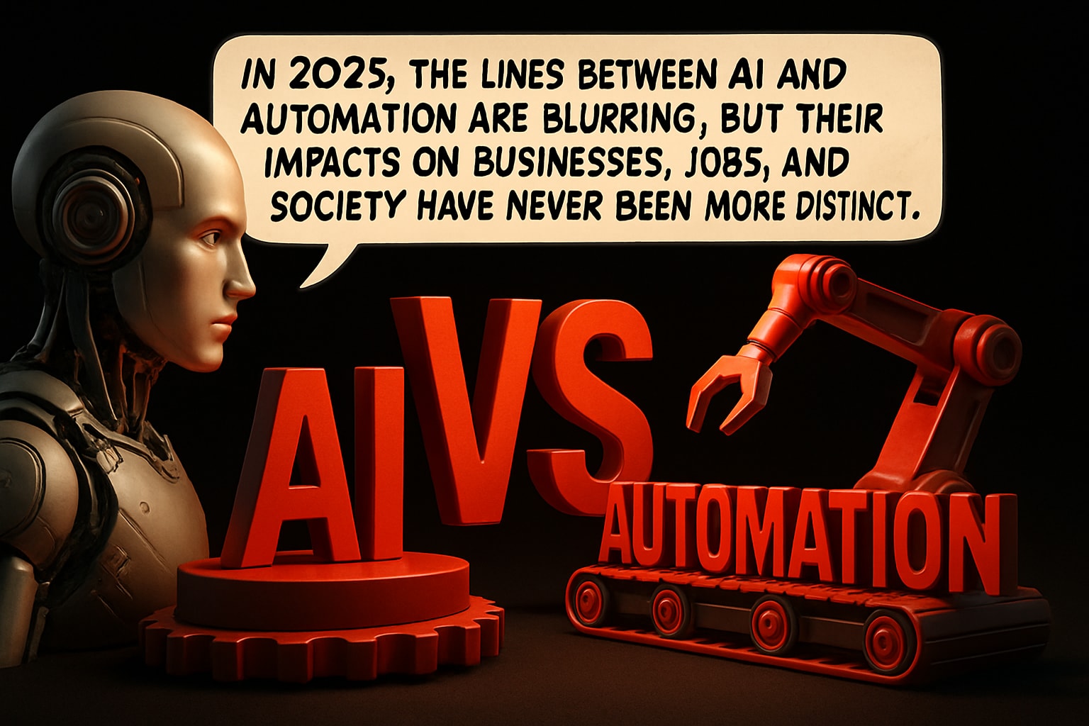 Robot head with AI text and robotic arm holding Automation text, emphasizing the blurred lines between AI and automation in 2025.