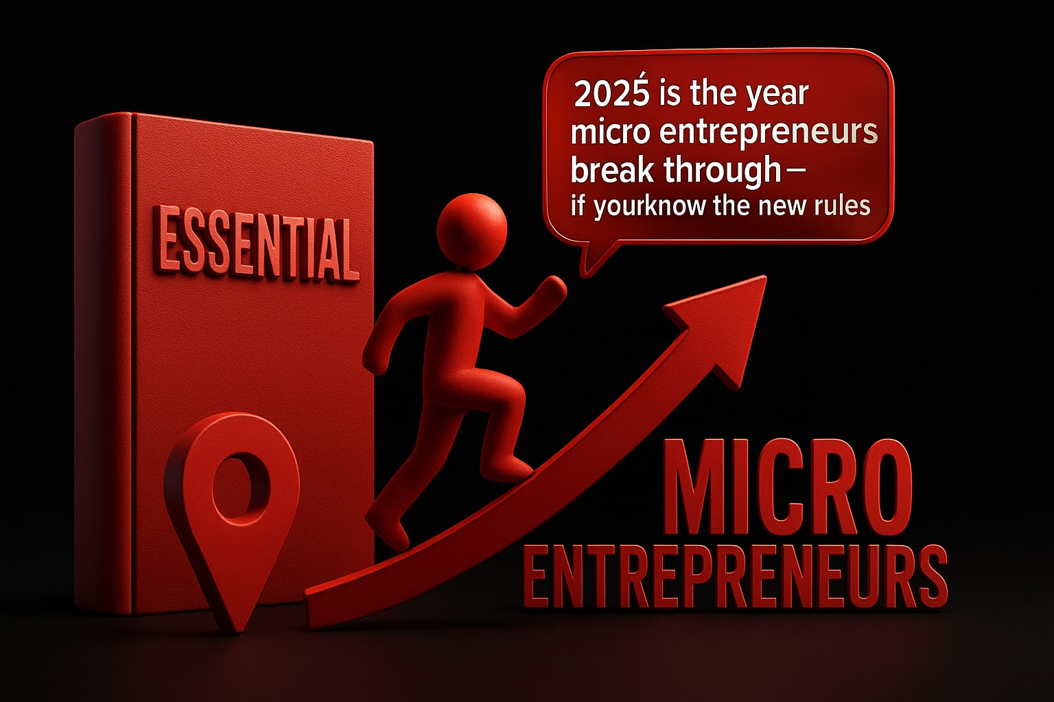 Essential guide for micro entrepreneurs in 2025, featuring a figure running upward with an arrow, a book labeled "ESSENTIAL," and a speech bubble emphasizing breakthrough opportunities.
