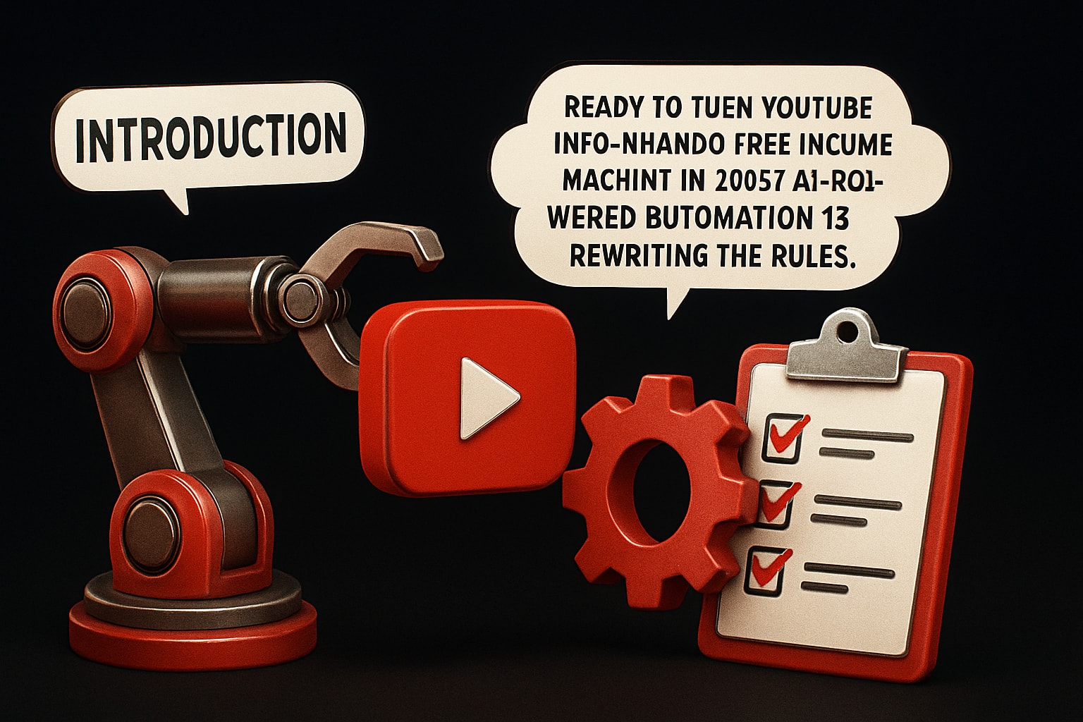 YouTube automation and AI-driven strategies for income generation, featuring a robotic arm, YouTube logo, checklist, and gears, emphasizing the transformation in digital marketing and content creation for 2025.